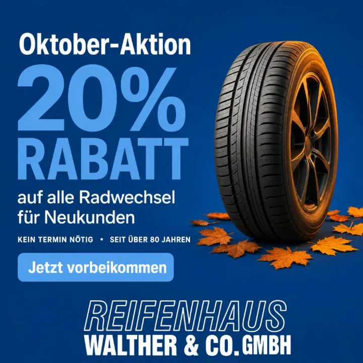 KI-generiertes Post-Bild: Oktober-Aktion, 20 % Rabatt auf alle Radwechsel für Neukunden – Reifenhaus Walther